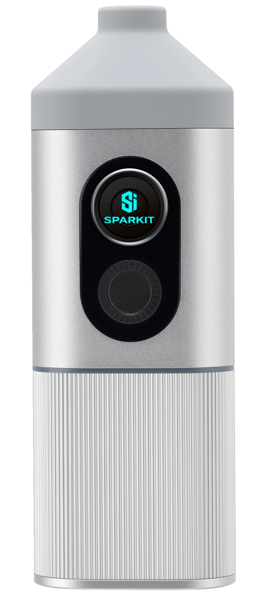 Full-length Silver SparkIt TRI showing the mouthpiece, central display and dial, and grooved aluminum lower grip