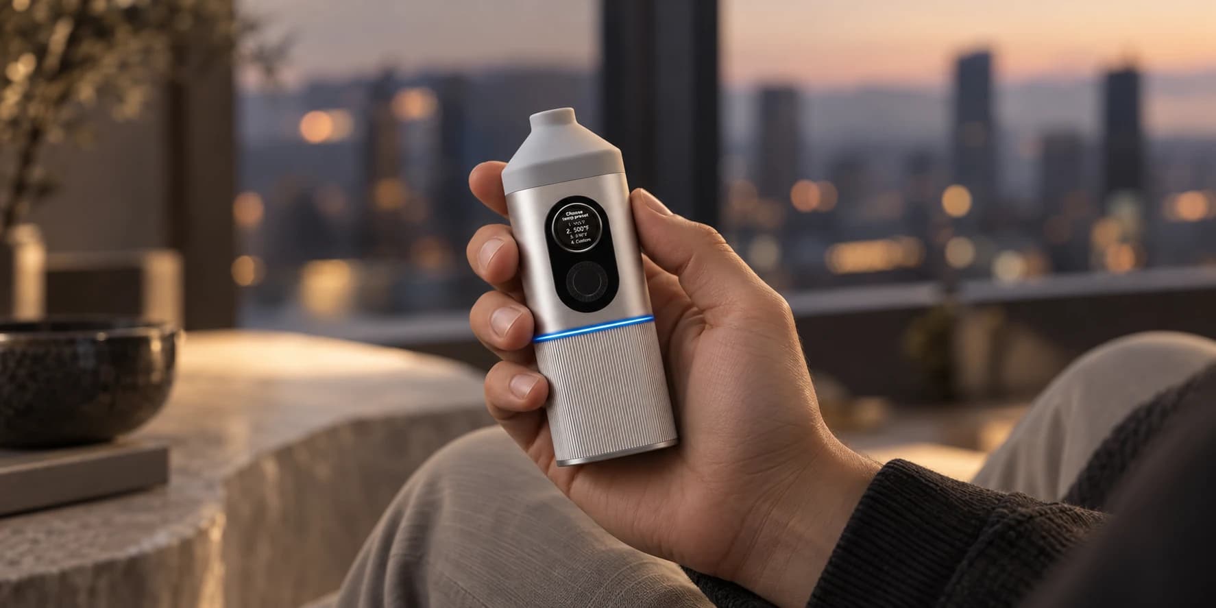 Silver SparkIt TRI being held naturally, with a softly blurred city at dusk